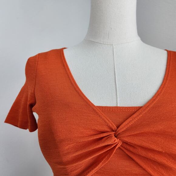 Lucca Orange Twist Front Short Sleeve Stretch Tee Micro Rib Knit Top XS - Picture 2 of 7